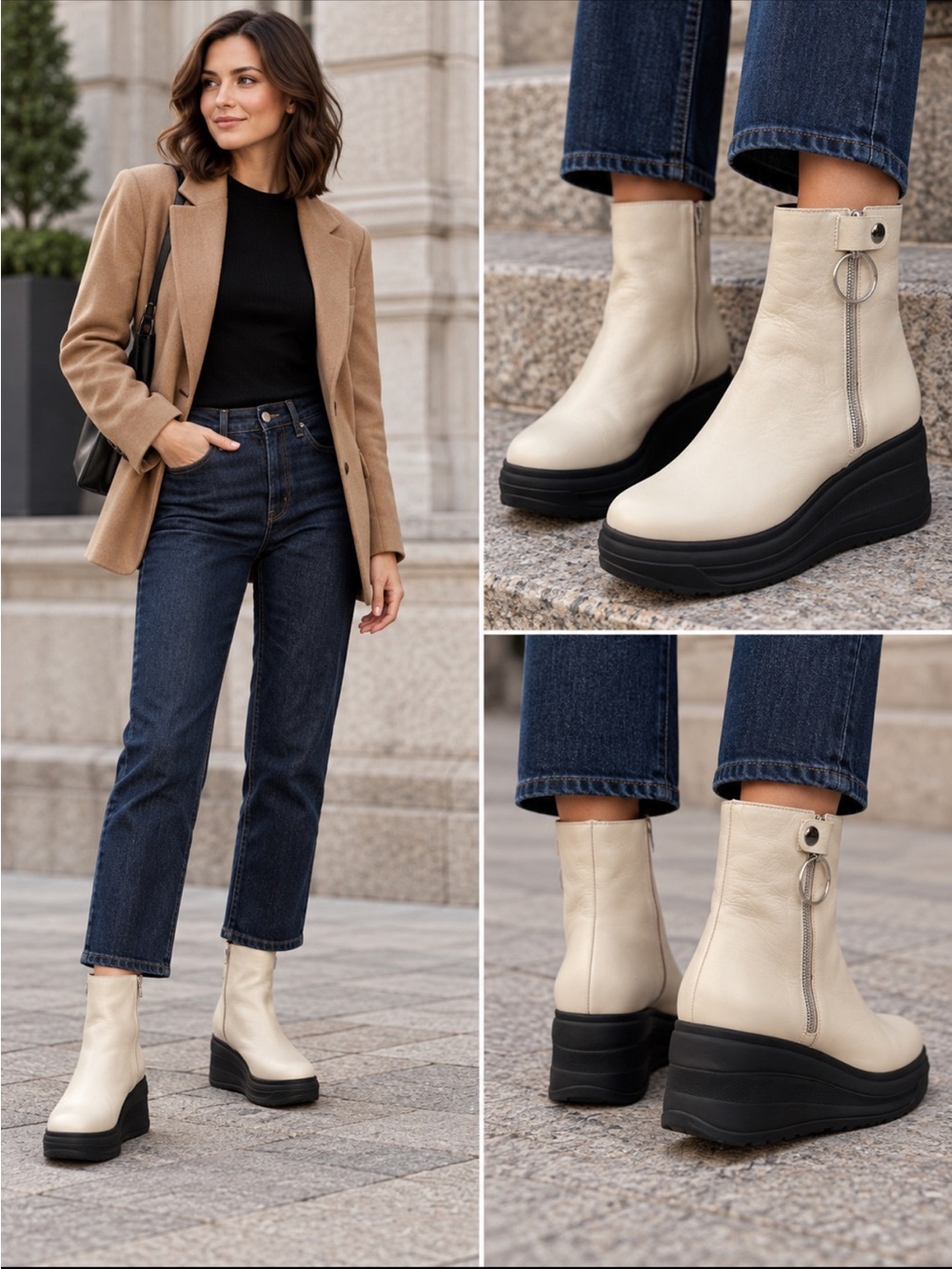 Free People Cream Platform Wedge Ankle Boots with Black Sole
